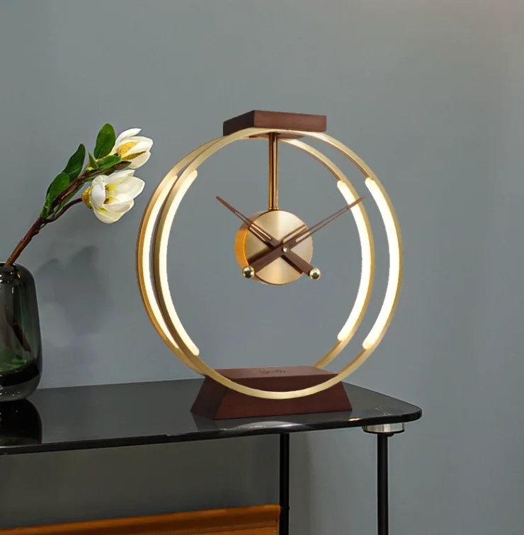 Aluminum clock lamp dimmable with phone holder wireless phone charging metal ball base modern table lamp with wooden base