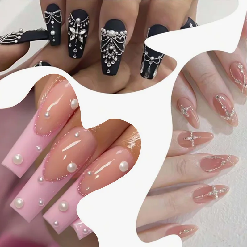 Nail art accessories with a mix of flat-bottomed pearls steel beads moon and bow decorations packaged for 3D nail embellishments