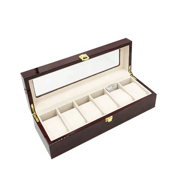 stock factory wholesale 6 slots wooden watch gift box with glass lid