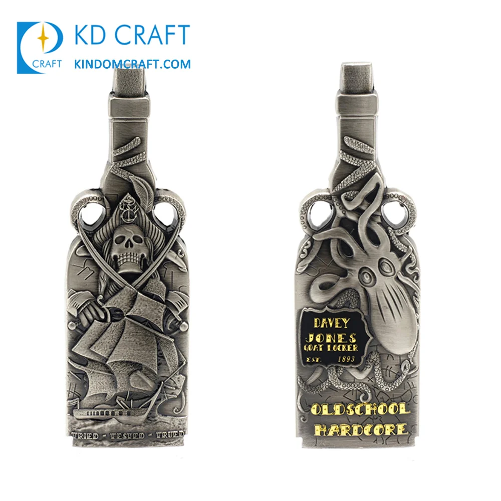 China manufacturer design your own metal bottle shaped antique plating 3d custom pirate challenge coin