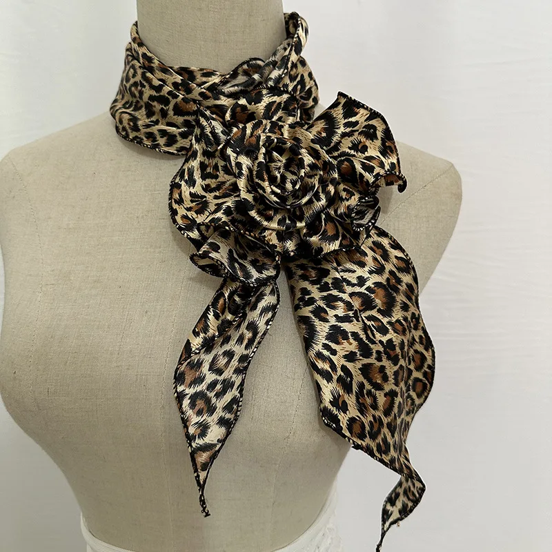 HZM-60926 Big Rose Long Neckerchief  for Women Girls Y2K Satin Floral Scarf Necktie for Costume Party Wedding Cosplay Accessory