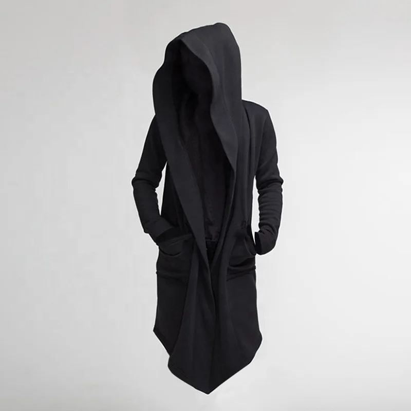 Mens Long Coats Fleece Hooded Cardigan Steampunk Cloak Hoodie Gothic Drape Cape Punk Jacket Autumn Clothes Frock Coat