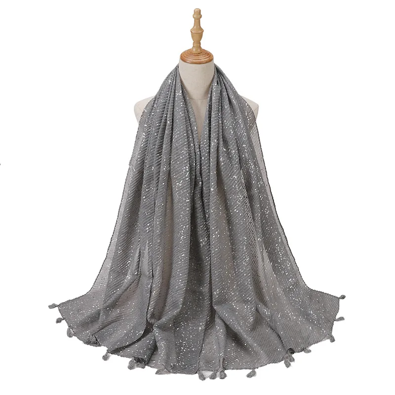 Sky Star White Bronzing Glitter Shinny Silver Sequins Cotton Linen Scarf Crinkled Plain Hijabs Muslim Tassel Shawls Head Wrap