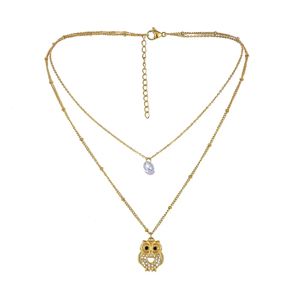 New style stainless steel gold-plated double necklace owl zircon pendant fashion titanium steel clavicle chain accessories