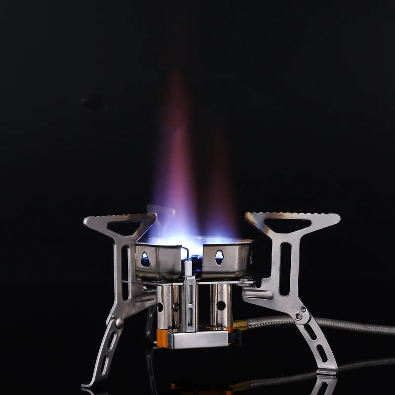 Portable Three-Head Stainless Steel Camping Gas Stove Windproof Mini Backpacking Burning Stove Travel Picnics Manual Iron Butane