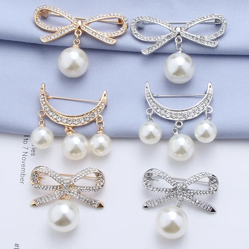 Fashion Pearl Fixed Strap Charm Safety Pin Brooch Sweater Cardigan Clip Chain Brooches Jewelry