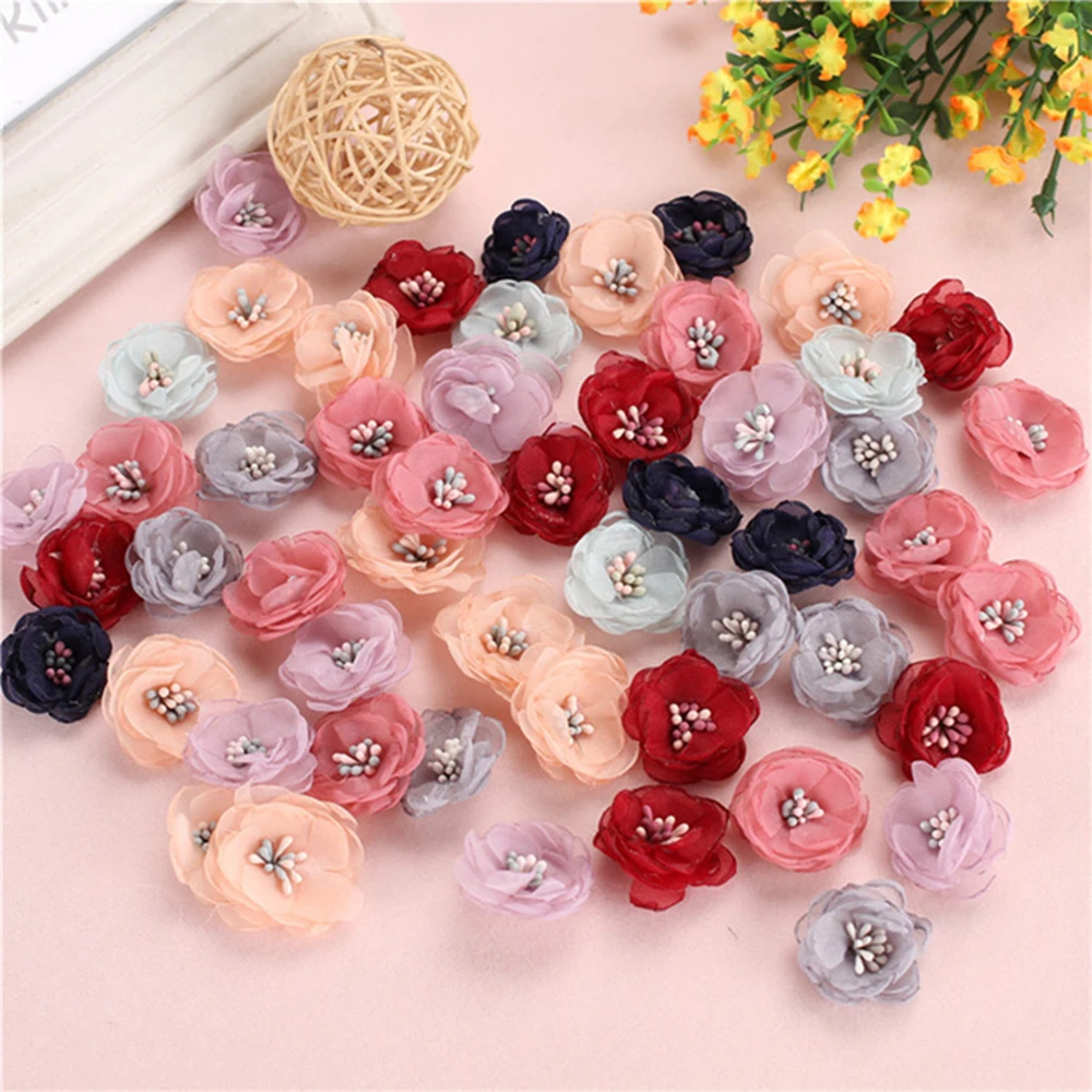 Soft Chiffon Cherry Blossoms Appliques with Stamen Sewing For DIY Headwear Hat Dress Decorations Flowers Craft Accessories