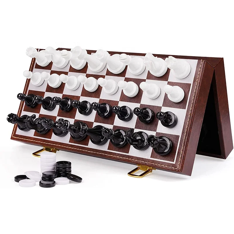 Magnetic Chess Set Checkers Game Set for Adults Kids (2 in 1) Magnetic Chess Pieces & Portable Folding Leather Chess Board