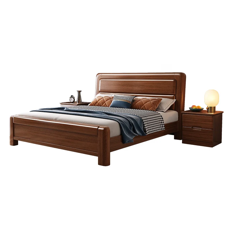 Luxury bedroom furniture set walnut bed modern Chinese double solid wood bed 1.8m wedding storage king bed
