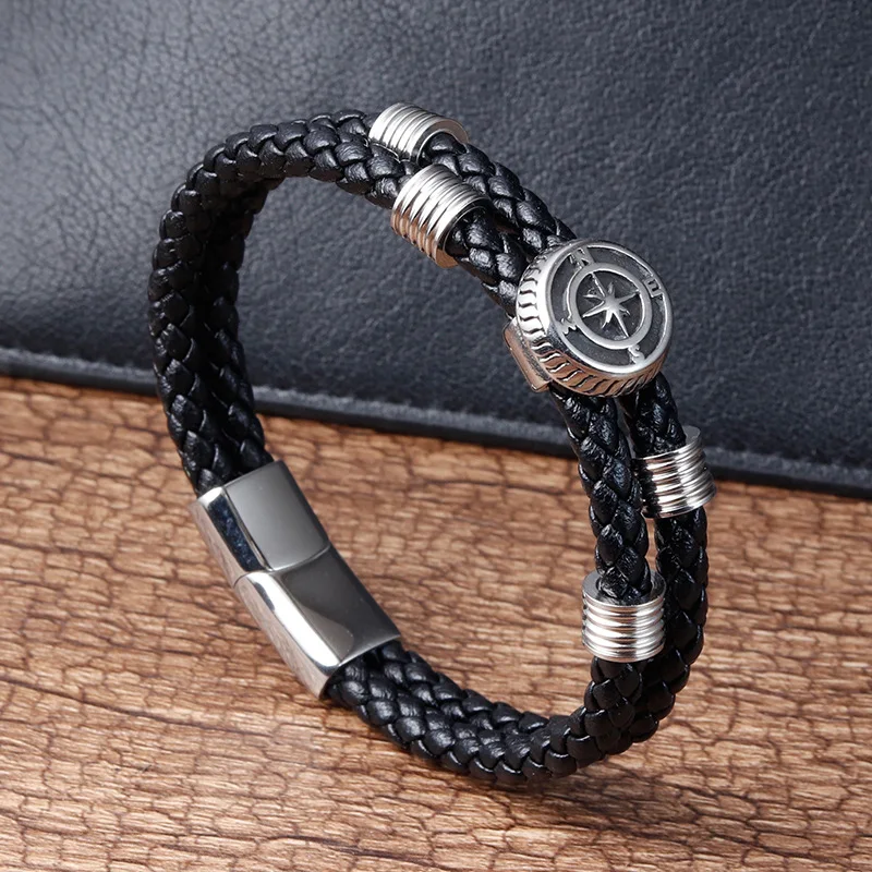 Fashion men jewelry bracelets stainless steel braided genuine leather bracelets anti tarnish custom