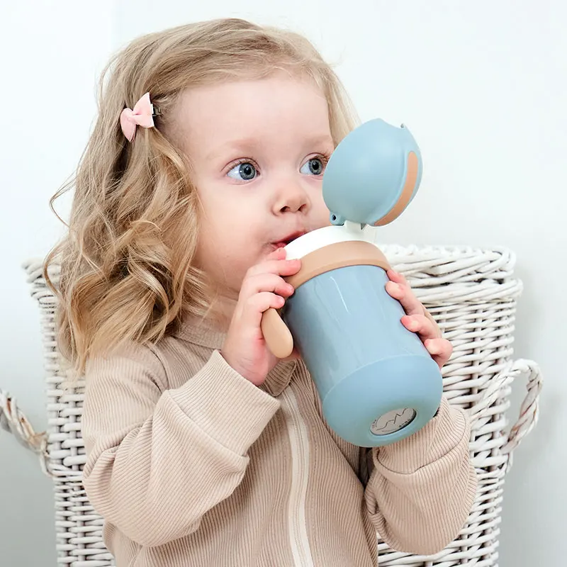 BPA Free Easy Grip Children  Water Bottle Stainless Steel Double Wall Insulated Straw Toddler Baby Sippy Thermos Cup