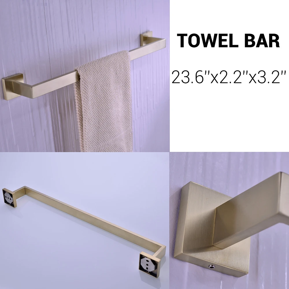 Brushed Gold 5 PCS Paper Holder Towel Bar Robe Hook Stainless Steel Black Bathroom Accessories Set