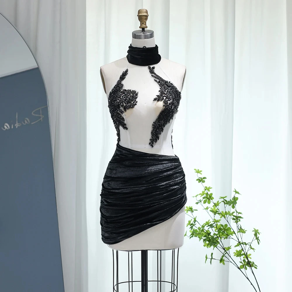 Black Velvet Short Mini Cocktail Dresses 2024 Sexy See Through Black Girls Prom Dress Women Club Night Gowns RM007-2