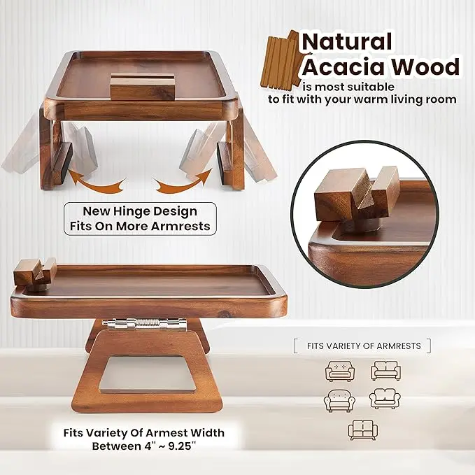 Wholesale Custom Wooden Serving Tray Sofa Armrest Food Storage with Mobile Phone Holder for Food Storage and Table Use
