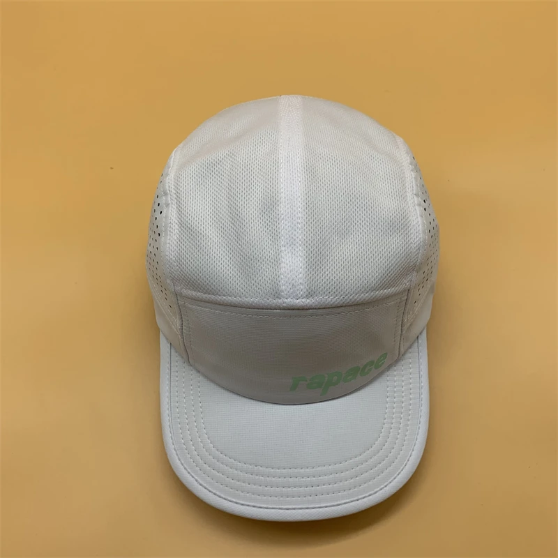 Custom your design cap factory from China white laser hole print flat brim 5 panel running hats