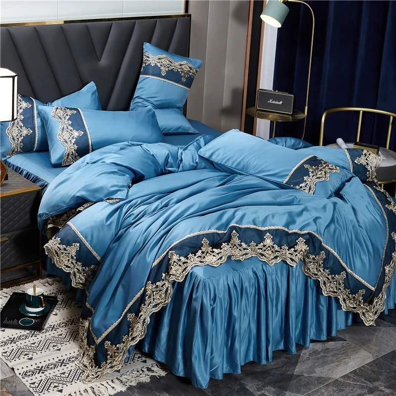 Washed silk four piece bed skirt Heavenly Moselle lace lace four piece bed sheet and duvet cover