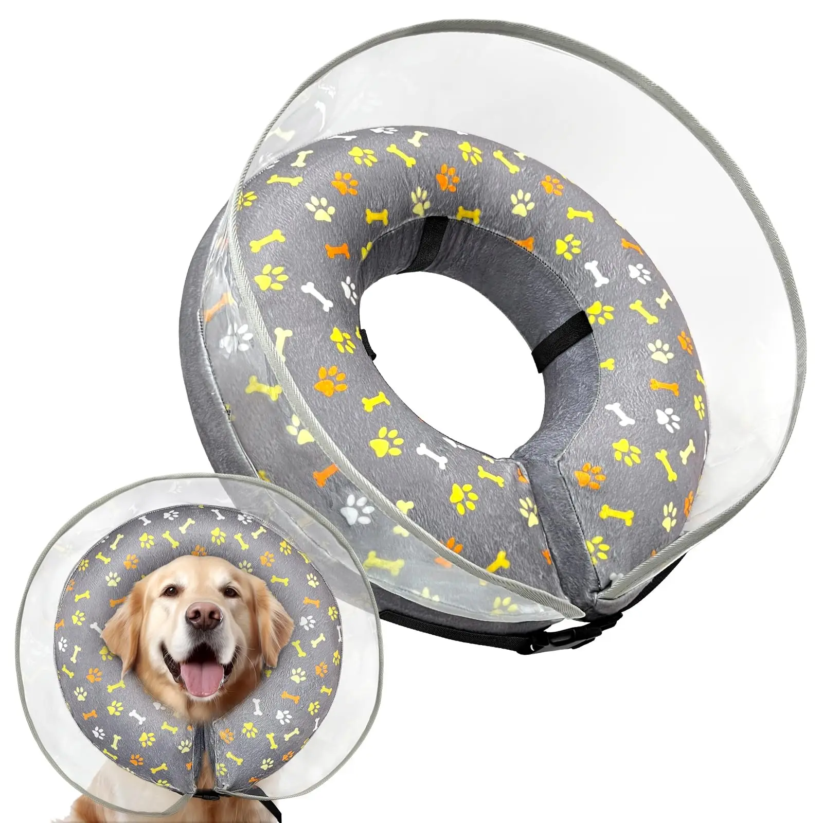 2-in-1 Inflatable Dog Cone with Detachable Anti-licking Shield Adjustable Dog Cone Collar After Surgery Soft Dog Donut Collar