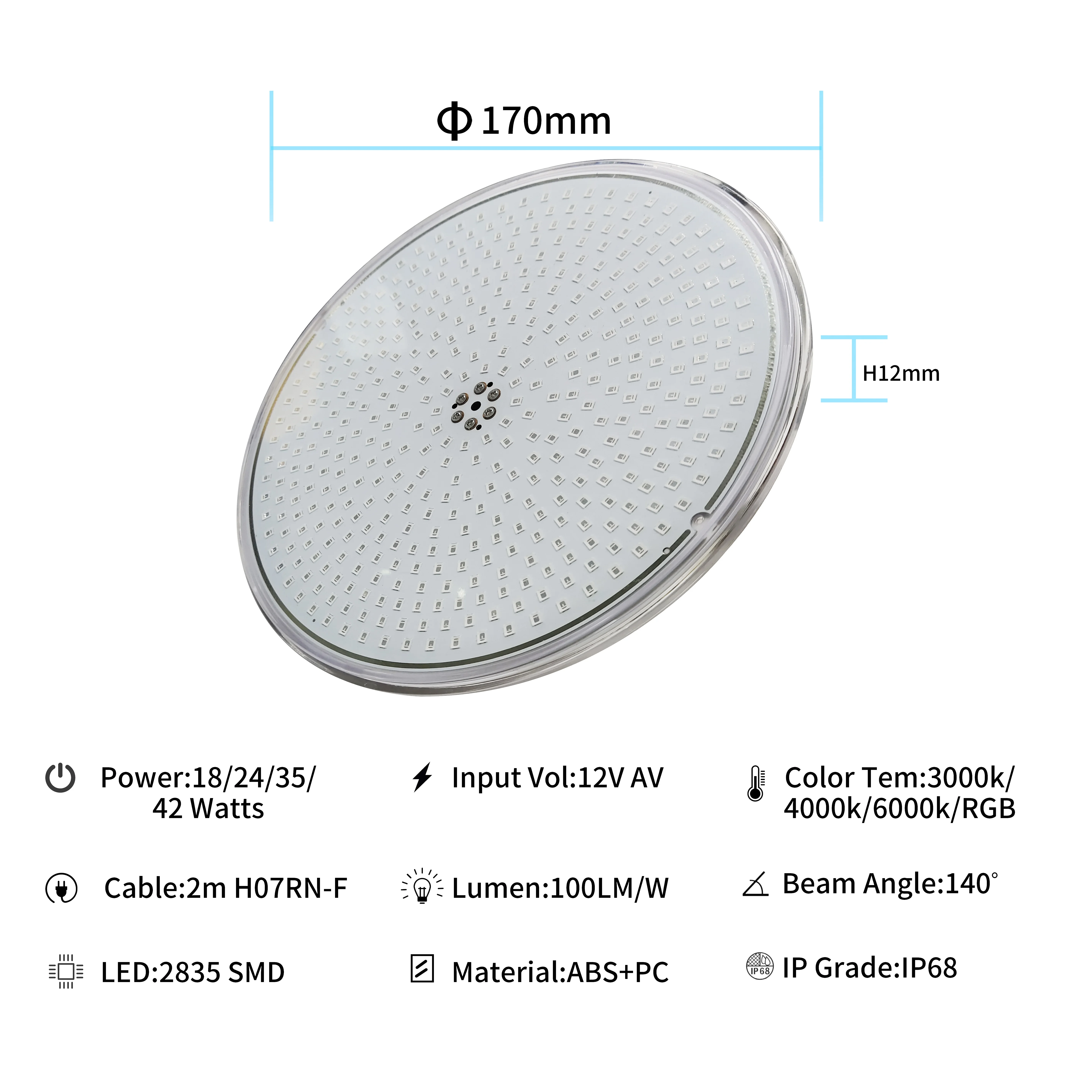 Refined Par56 Pool Led 12V IP68 CE ROHS LED Pool Light Fully Resin Filled Par56 Pool Light