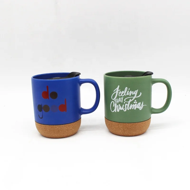 Custom Travel Solid Ceramic Bulk Coffee Mugs with Decal Design Insulated Cork Bottom and Splash Proof Mug Lid