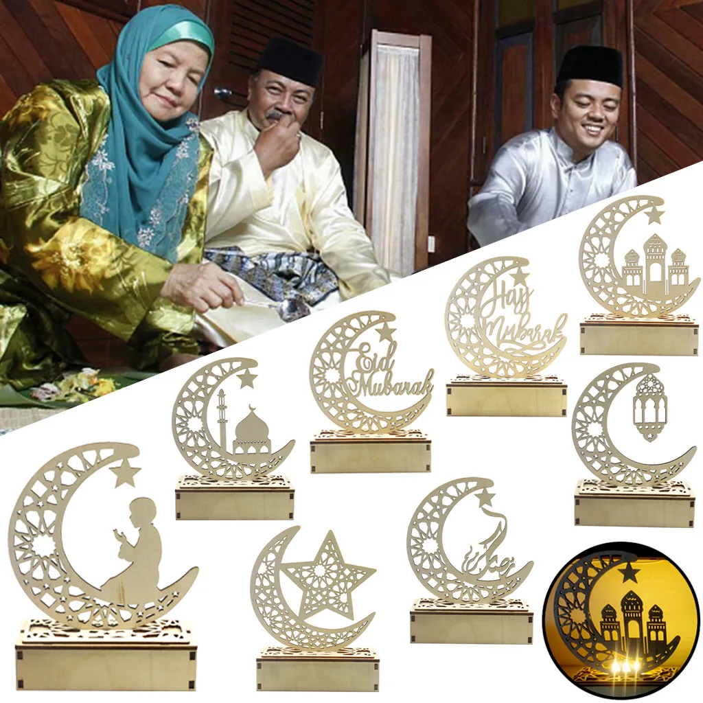 New Arrival Wooden Cutout Plaque Muslim Eid Mubarak Decorative Ramadan Craft Moon Star LED Light Gift Ornaments