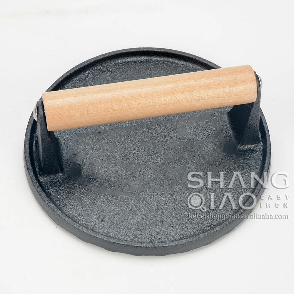 7 дюймов 17 см круглая предварительно приправленная чугунная пресс для стейка бургеров бекона сверхпрочная машина котлет мяса пресс-форма деревянная ручка