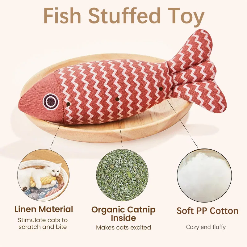 Custom Catnip Cat Toy Fish Soft Linen Stuffing Toy Interactive Kitten Chew Toys for Indoor Cats