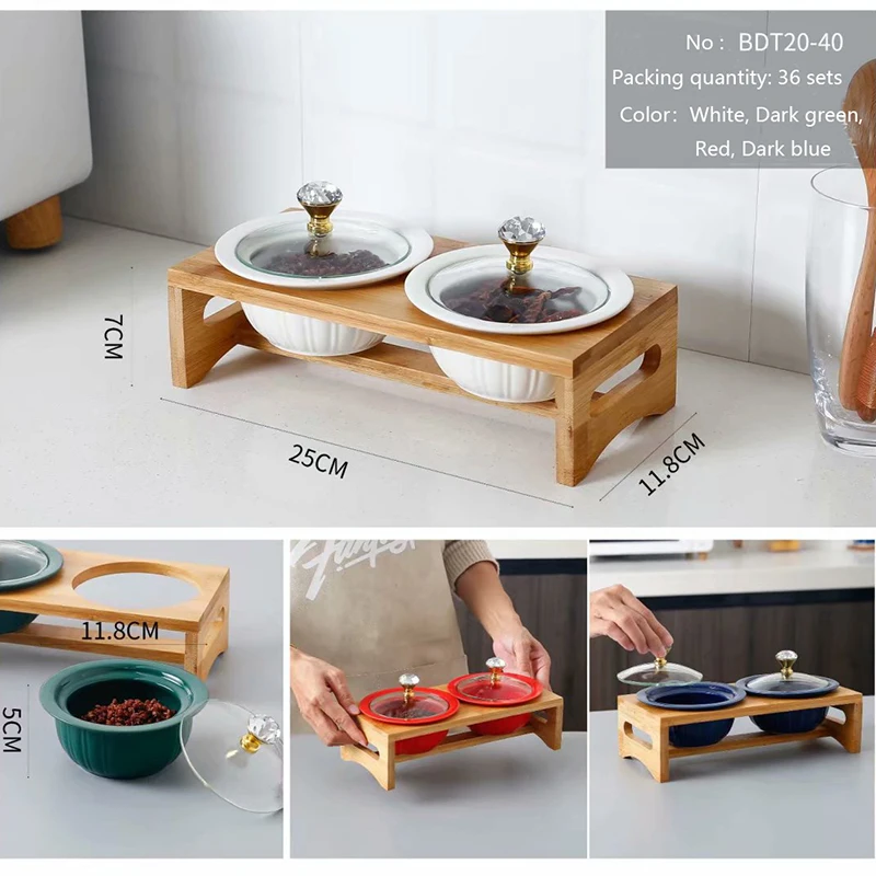 
Candy box Home snack ceramic bowl with glass cover With bamboo and wood brackets 