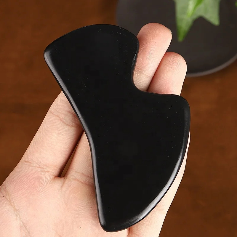 Face Body Guasha Massager Bian Stone Gua Sha Stone For Facial Original In Black B Shape Gua Sha Tool  with Ridges GuaSha Stone