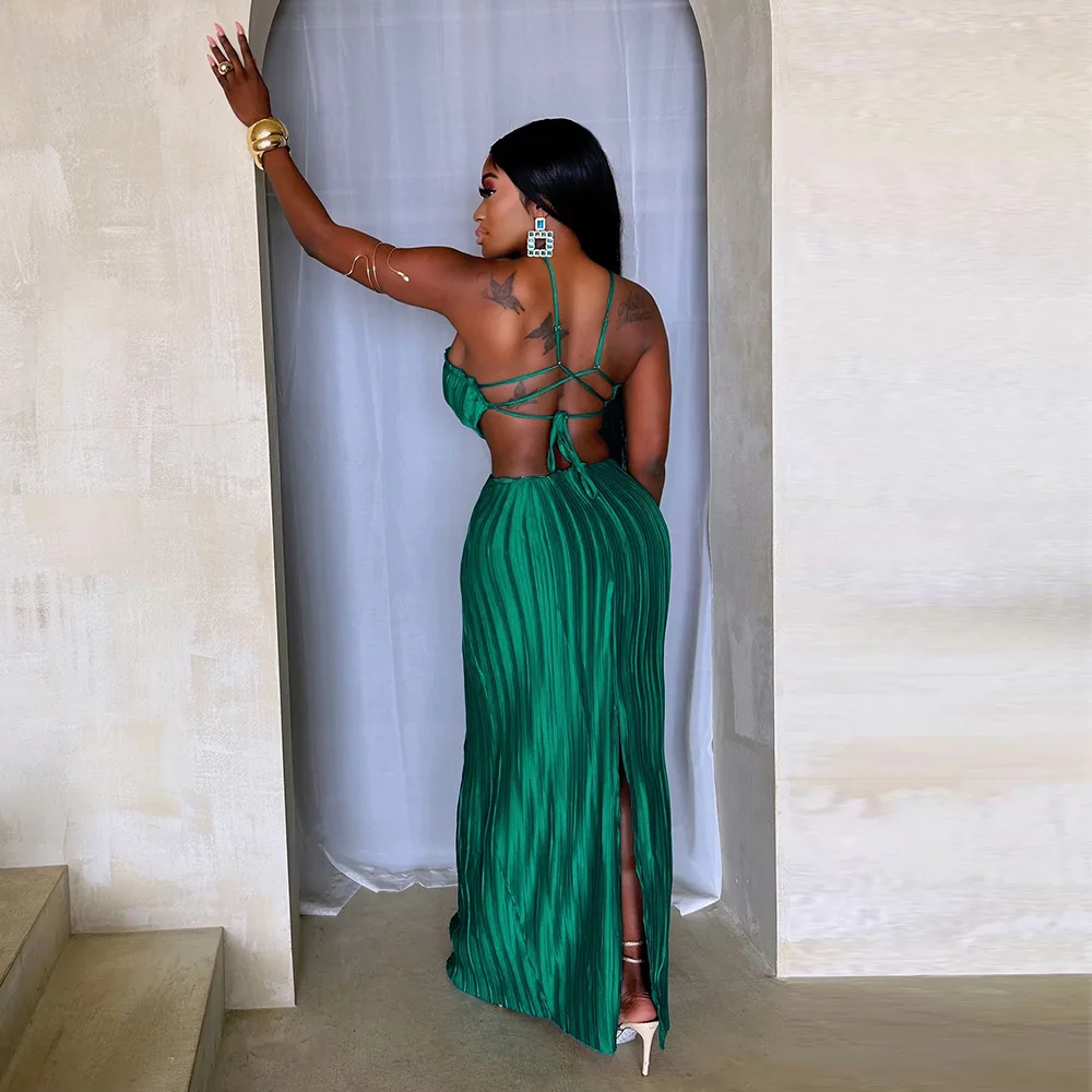 Liu Ming New Year 2025 Elegant Women Sexy Halter Neck Pleated Party Slit Long Maxi Evening Dress