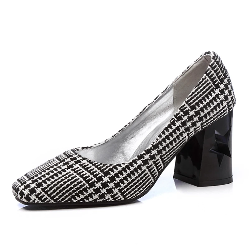Тканевые женские туфли-лодочки с квадратным носком на толстом высоком каблуке, модные женские туфли-лодочки в клетку на платформе, вечерние Клубные классические туфли, большие размеры