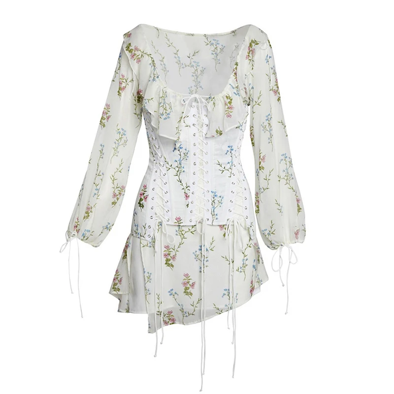 Wrapped chest vest printed temperament is thin tight-fitting lace-up corset belt ruffled dress