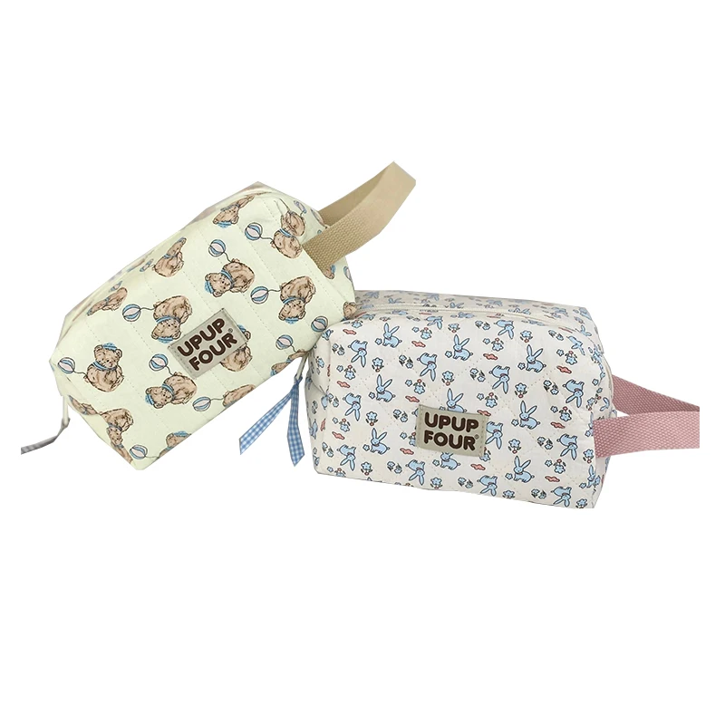 Eco Friendly Custom Floral Lining Flower Fabric Travel Toiletry Cosmetic Bag Cotton Quilted Make Up Makeup Storage Pouch