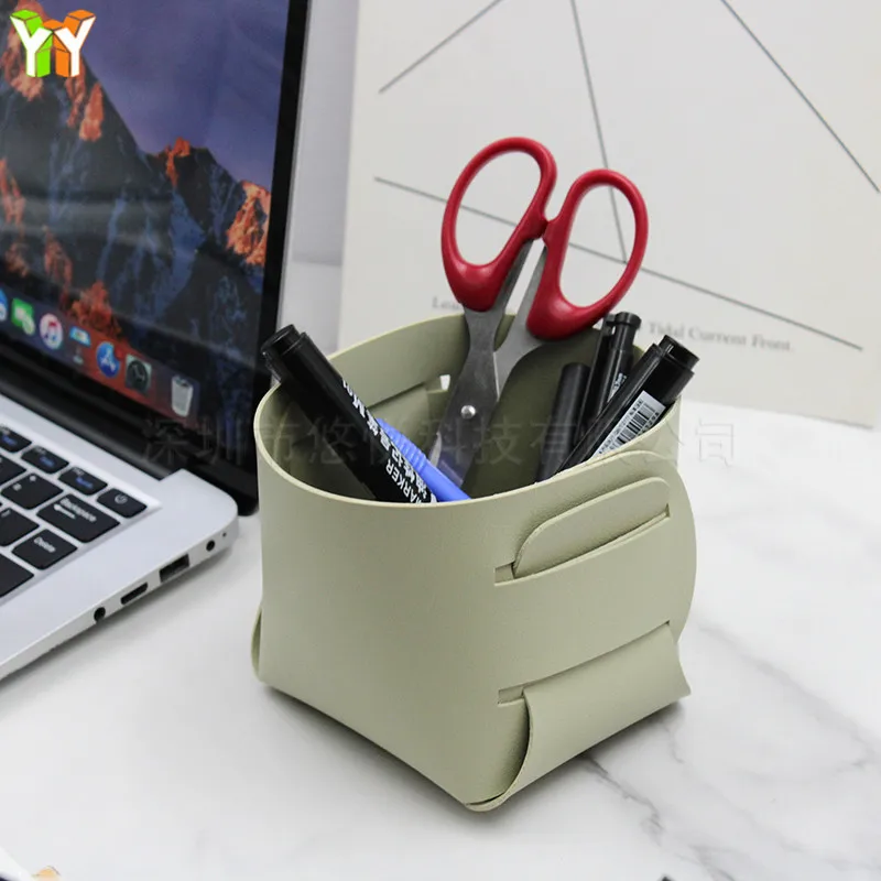 Quick Shipping Foldable PU Leather Storage Baskets Pen Pencil Holder Desktop Storage Box for Makeup Remote Controls