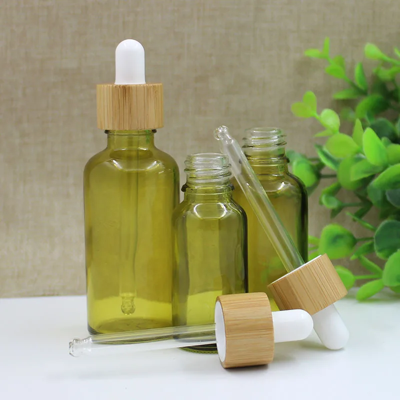 5-100ml Olive Green Essential Oil Dispenser Glass Bottle Cosmetic Beauty & Skincare Bamboo Ring Dropper Bottles with Rubber Tip