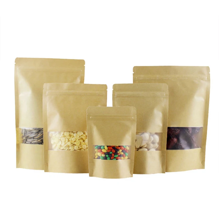 kraft paper stand up pouch zipper bag with clear or frosted window