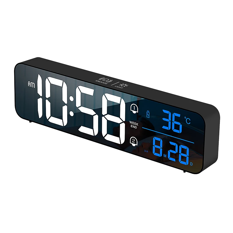 Large display USB charging LED mirror clock with temperature display Multifunctional desk clock