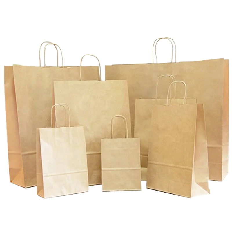Craft Kraft Paper Bag with Handles Eco Recycle Custom Logo Printed Take Away Grocery Shopping Take Out Fast Food Packaging Brown