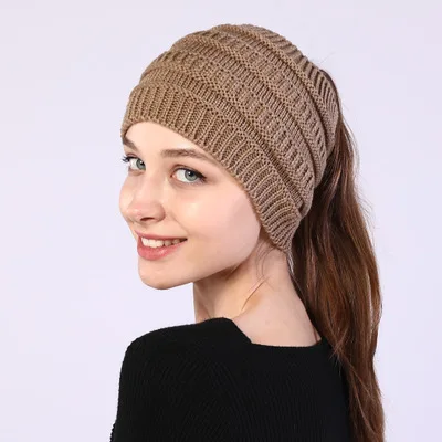 New autumn winter Ponytail Beanie hat Women Stretch Knitted Crochet Beanies cap Winter Empty top hat