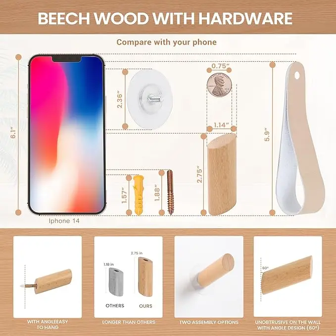 Wooden Hooks Wall Mount, No Damage Adhesive Hat Hooks, Decorative Coat Hangers for Hanging Clothes Towels Guitar Backpack Purse