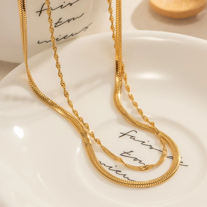 Waterproof 18K Gold Plated Stainless Steel Herringbone Necklace Jewelry Dainty Layered Twisted Chain Necklace for Girls