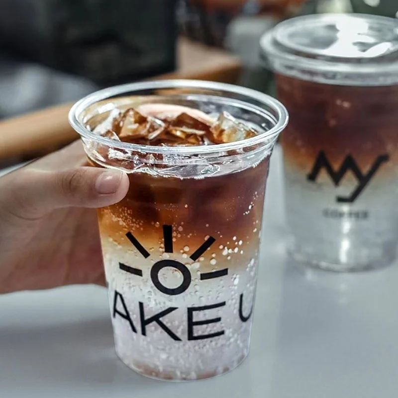 Custom Logo Takeaway PET Material Plastic Cold Coffee Cups Bubble Boba Disposable Transparent Plastic Juice Cups