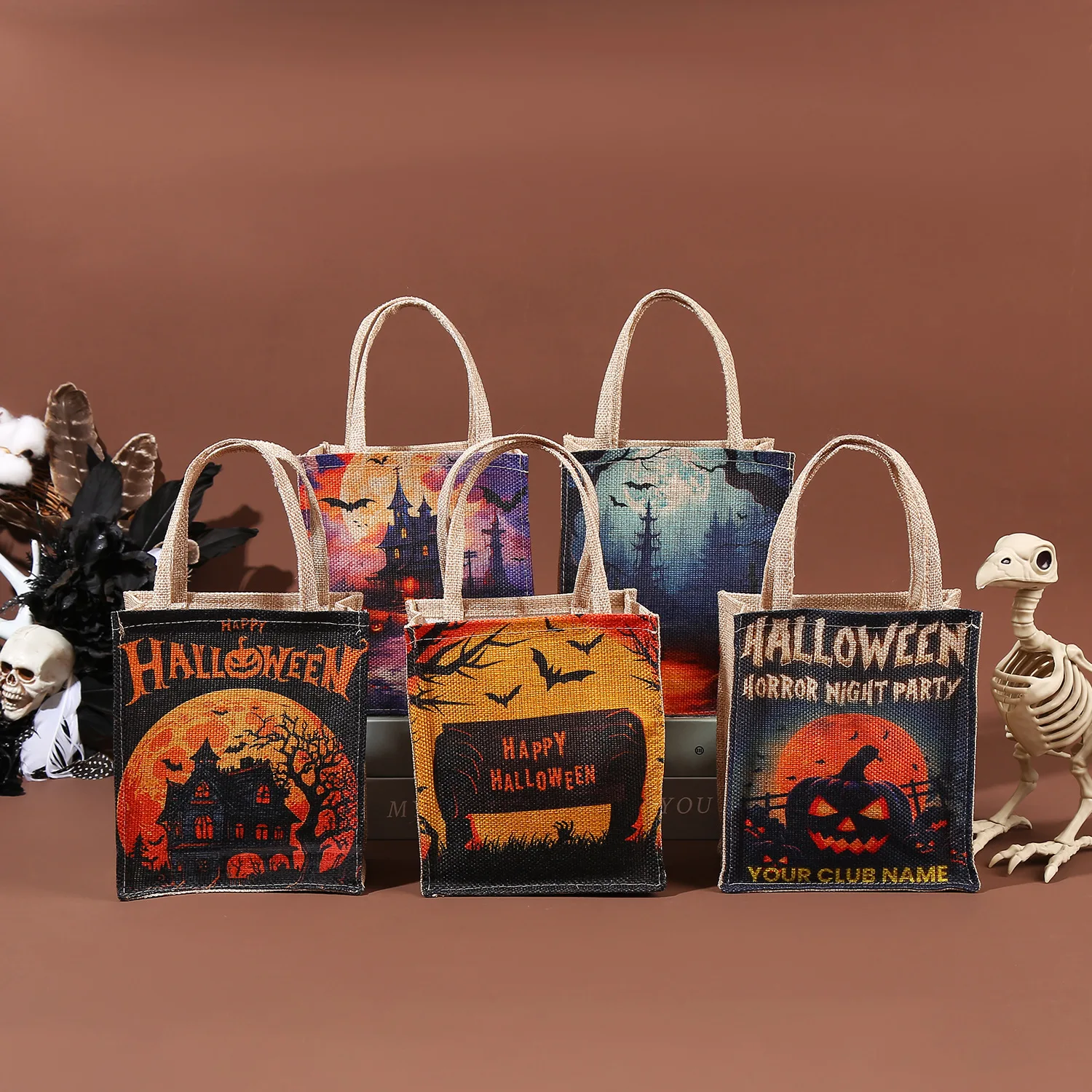 Eco friendly Laminated Hemp Bag Custom Printing Wholesale Natural Linen Tote Bags Jute Helloween Shopping Bag