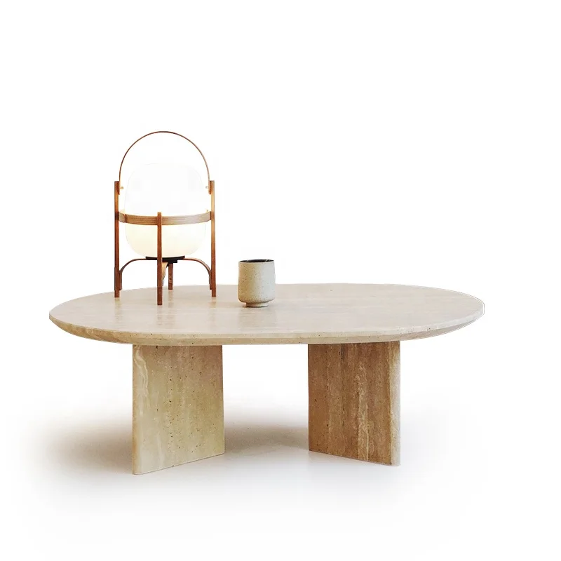 Nordic minimalist modern natural marble stone oval travertine coffee table