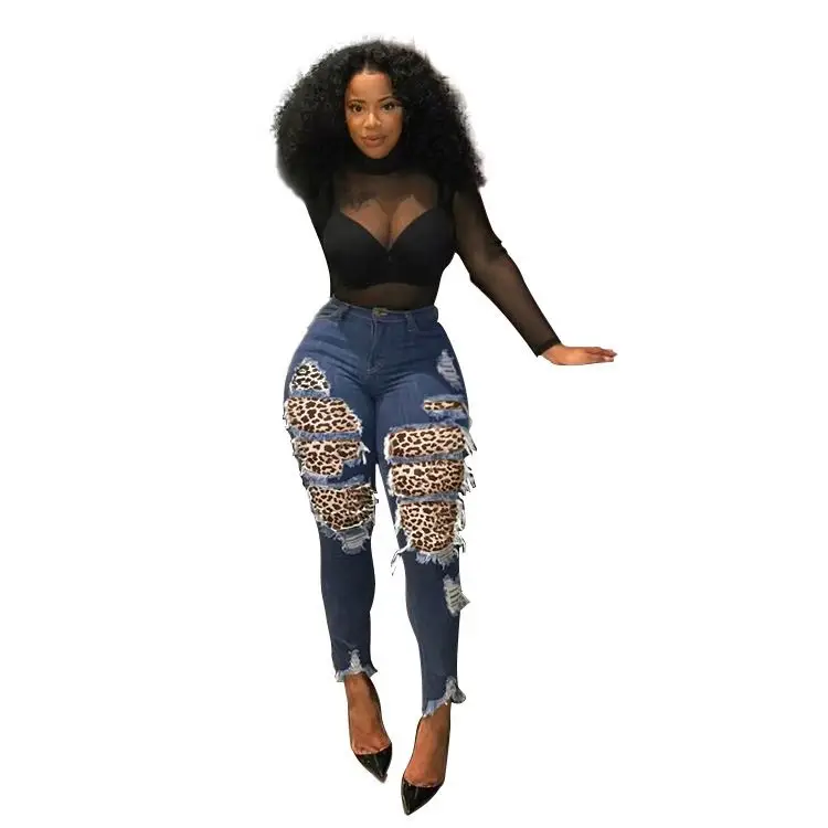 
New Fashion Style In Stock sexy leopard patch skinny rip jeans women plus size 