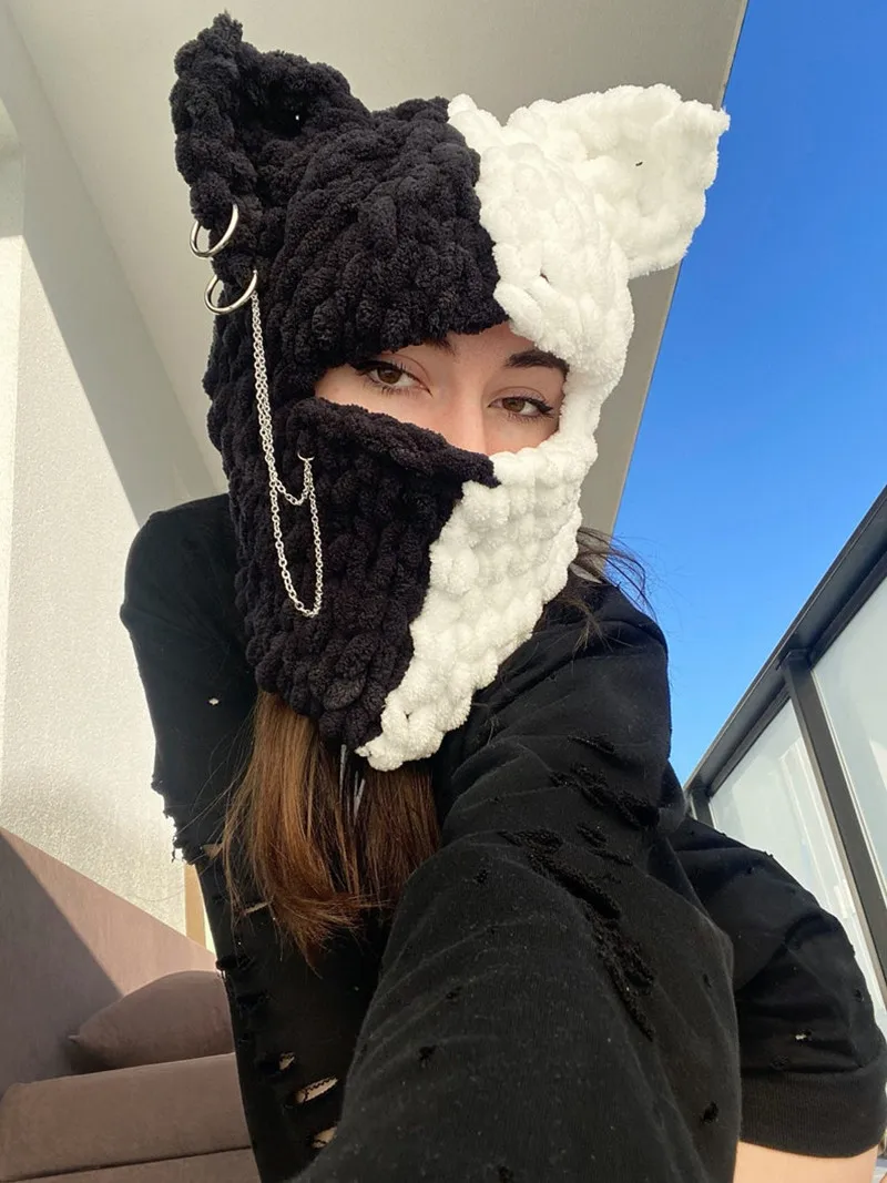 New Handmade Winter Demon Balaclava Hoodie Ski mask Rabbit Ear Girls Woolen Beanie Cap With Neck And Neck Scarf