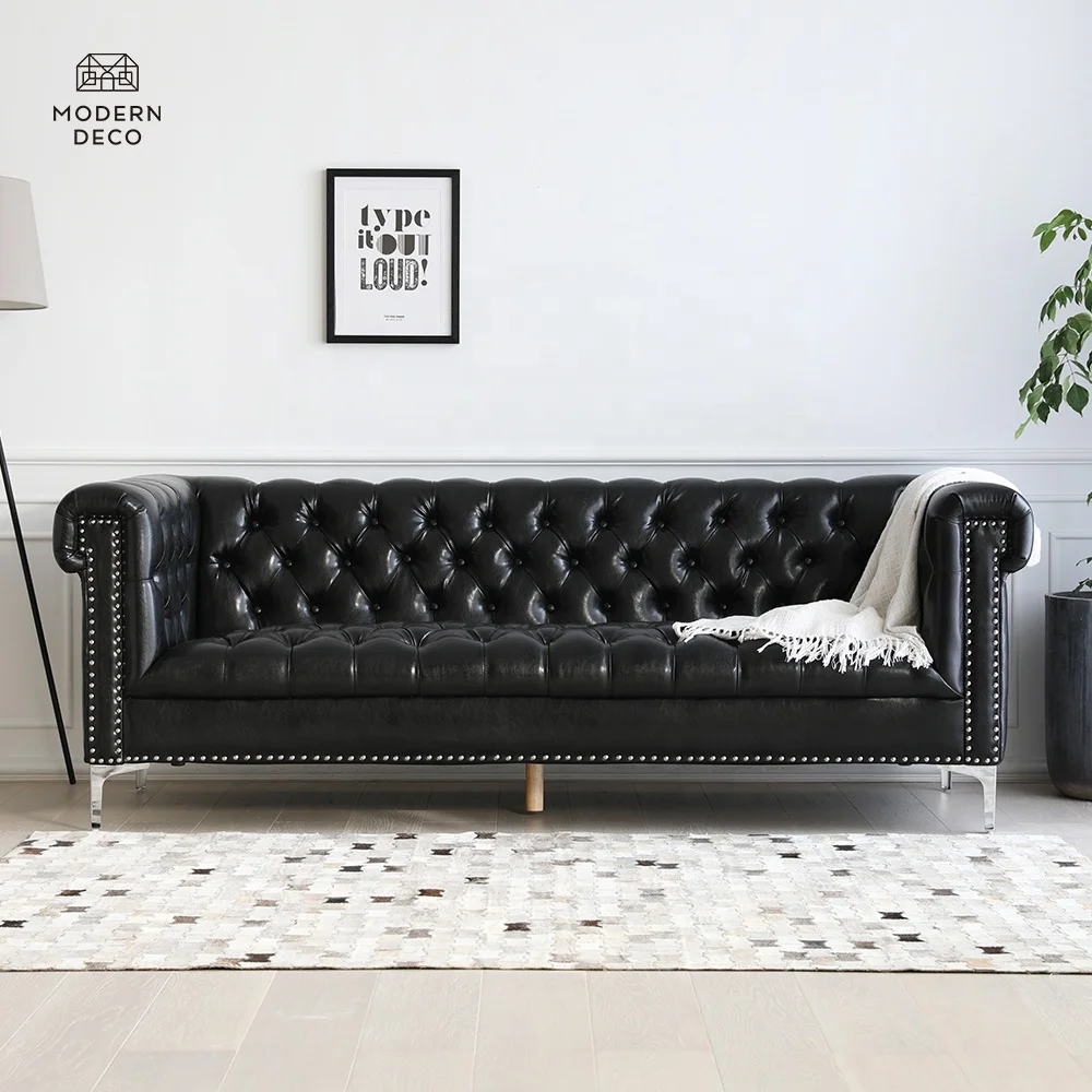 black faux leather chesterfield sofa couch 3 seater with silver metal legs rolled arms nailhead trim living room lounge office