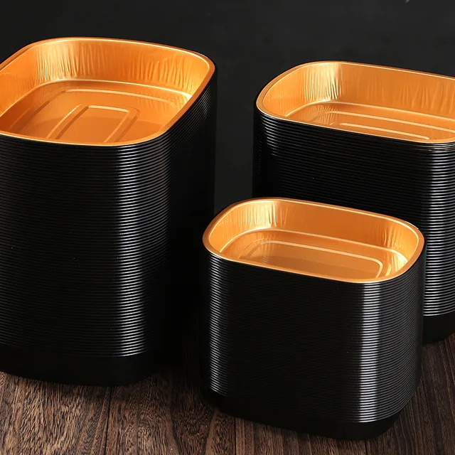 Оптовая продажа с завода, экологически чистый Разлагаемый материал, одноразовая фольга, алюминиевая коробка для выноса, высококачественный черный и золотой