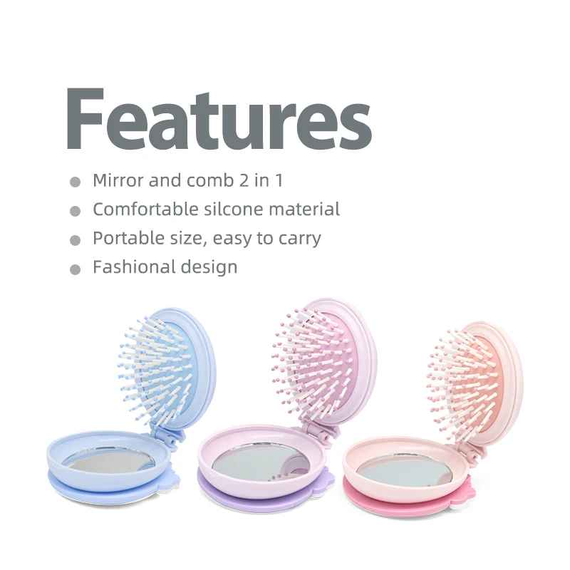 Compact 2-in-1 Mirror Comb Scalp Massage Detangling Comb Cute Design Foldable Hair Brush Plastic Portable Pocket Travel Home Use