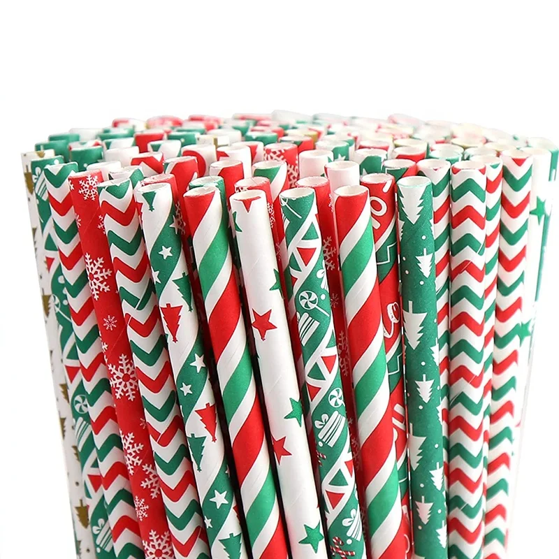 A Canton Of 5000 Pcs Hot Sale Custom 6*197 Made Logo Drinking Plaided Christmas Colored Paper Straws