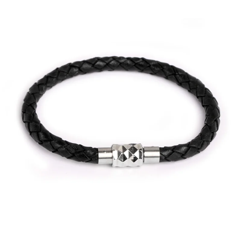 Classic style 6mm thin plain stainless steel braid black leather magnetic bracelets